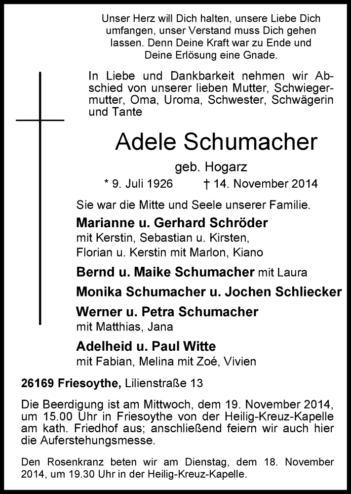  Traueranzeige für Adele Schumacher vom 17.11.2014 aus Nordwest-Zeitung