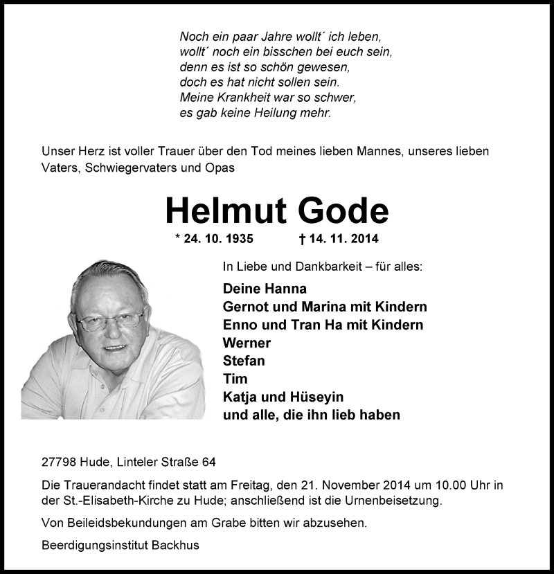  Traueranzeige für Helmut Gode vom 17.11.2014 aus Nordwest-Zeitung
