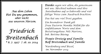 Traueranzeige von Friedrich Breitenbach von Nordwest-Zeitung