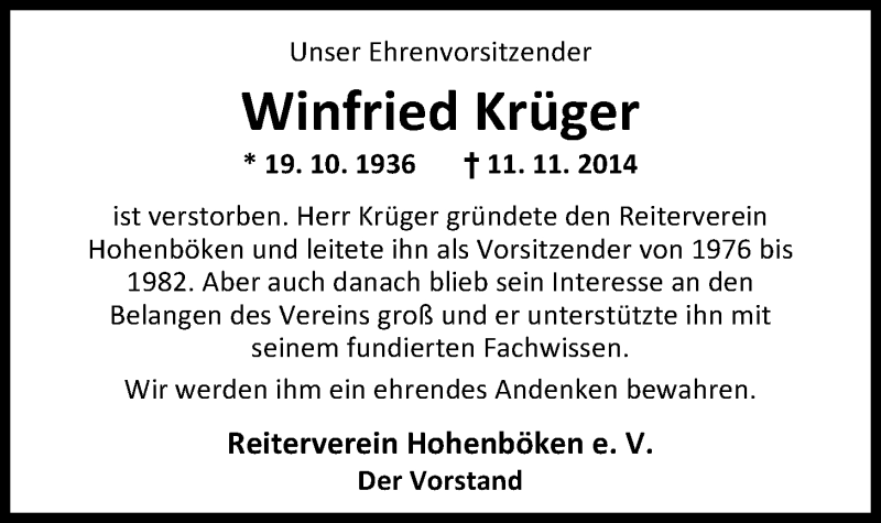  Traueranzeige für Winfried Krüger vom 18.11.2014 aus Nordwest-Zeitung