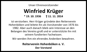 Traueranzeige von Winfried Krüger von Nordwest-Zeitung