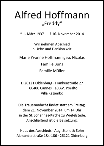 Traueranzeige von Alfred Hoffmann von Nordwest-Zeitung