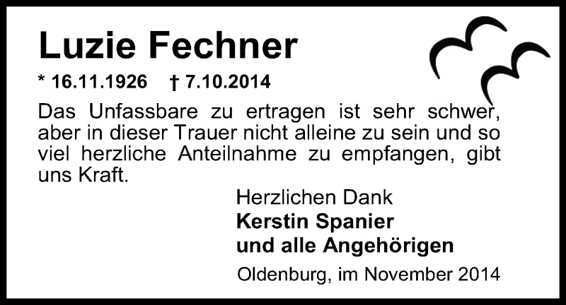  Traueranzeige für Luzie Fechner vom 22.11.2014 aus Nordwest-Zeitung