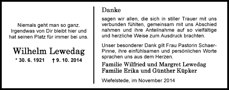  Traueranzeige für Wilhelm Lewedag vom 21.11.2014 aus Nordwest-Zeitung