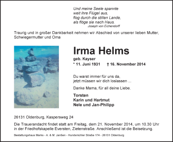 Traueranzeige von Irma Helms von Nordwest-Zeitung