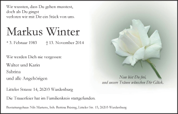Traueranzeige von Markus Winter von Nordwest-Zeitung