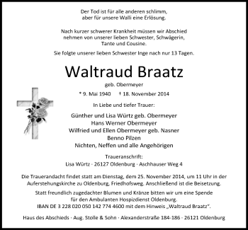 Traueranzeige von Waltraud Braatz von Nordwest-Zeitung