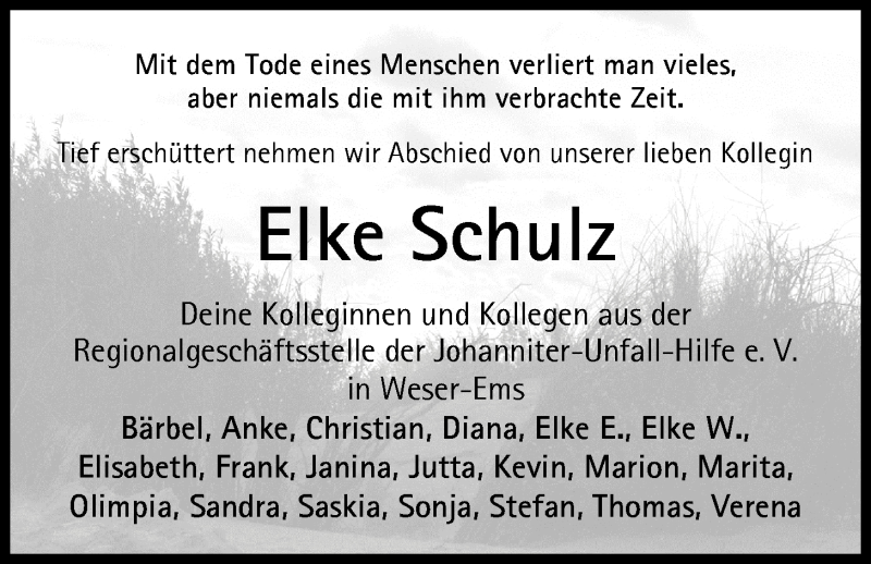  Traueranzeige für Elke Schulz vom 19.11.2014 aus Nordwest-Zeitung