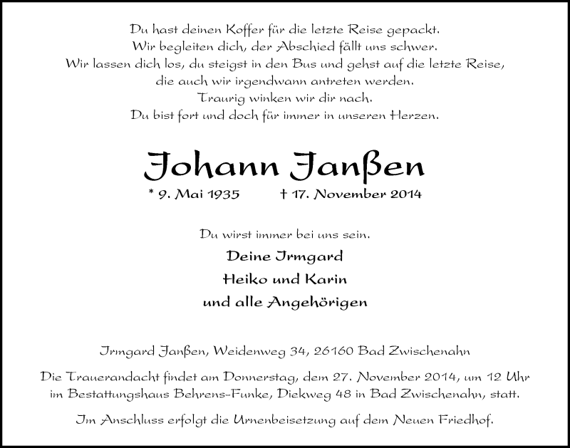  Traueranzeige für Johann Janßen vom 22.11.2014 aus Nordwest-Zeitung