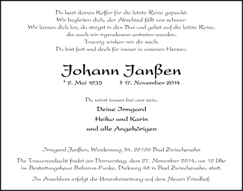 Traueranzeige von Johann Janßen von Nordwest-Zeitung