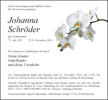 Traueranzeige von Johanna Schröder von Nordwest-Zeitung