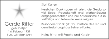 Traueranzeige von Gerda Ritter von Nordwest-Zeitung