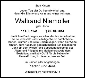 Traueranzeige von Waltraud Niemöller von Nordwest-Zeitung