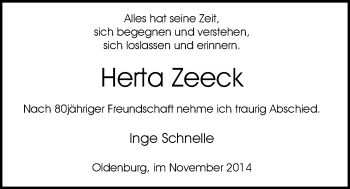 Traueranzeige von Herta Zeeck von Nordwest-Zeitung