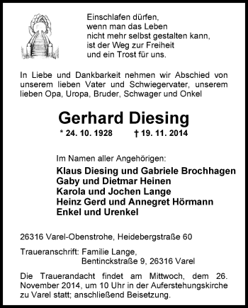 Traueranzeige von Gerhard Diesing von Nordwest-Zeitung