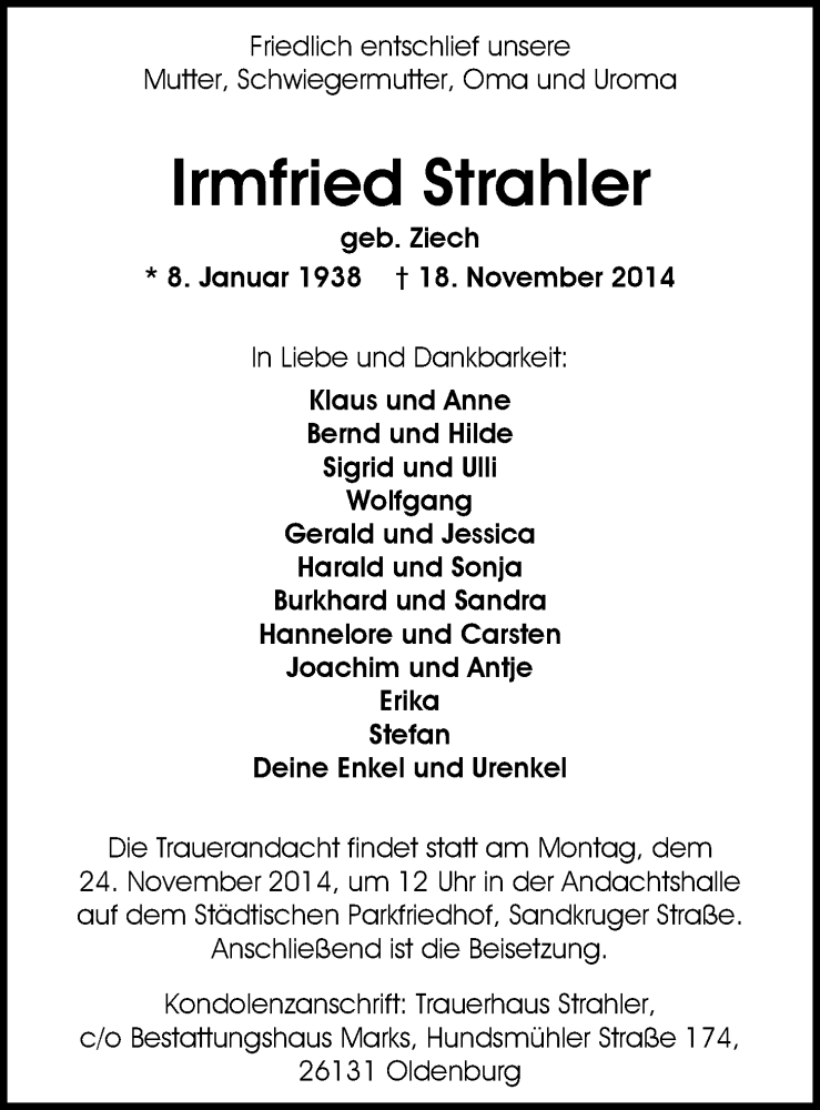  Traueranzeige für Irmfried Strahler vom 21.11.2014 aus Nordwest-Zeitung