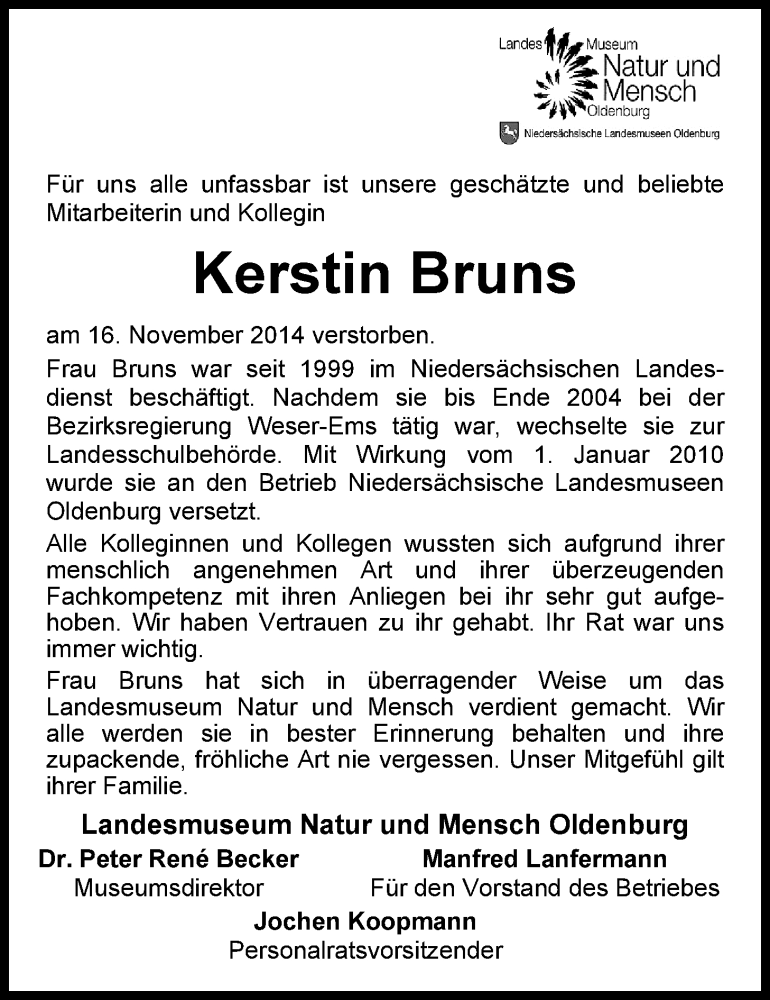  Traueranzeige für Kerstin Bruns vom 21.11.2014 aus Nordwest-Zeitung