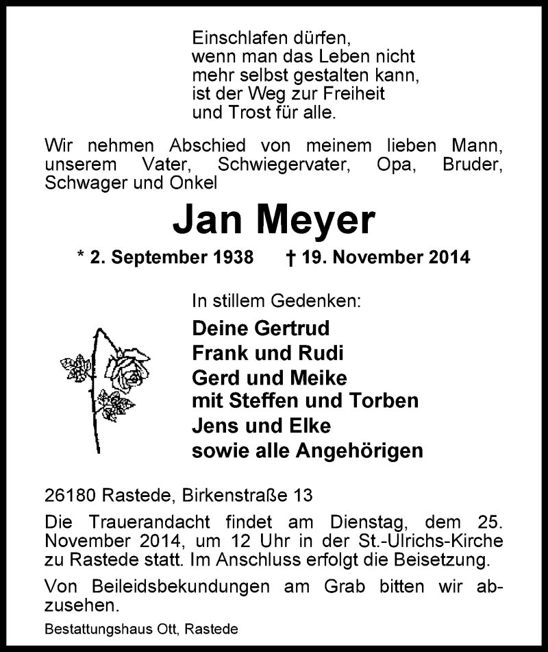  Traueranzeige für Jan Meyer vom 21.11.2014 aus Nordwest-Zeitung