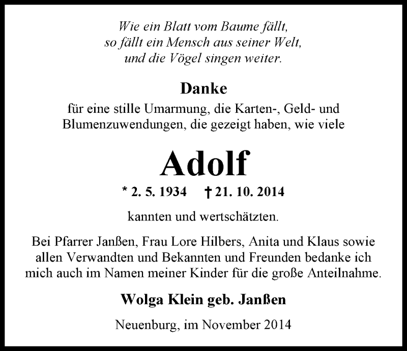  Traueranzeige für Adolf Klein vom 22.11.2014 aus Nordwest-Zeitung