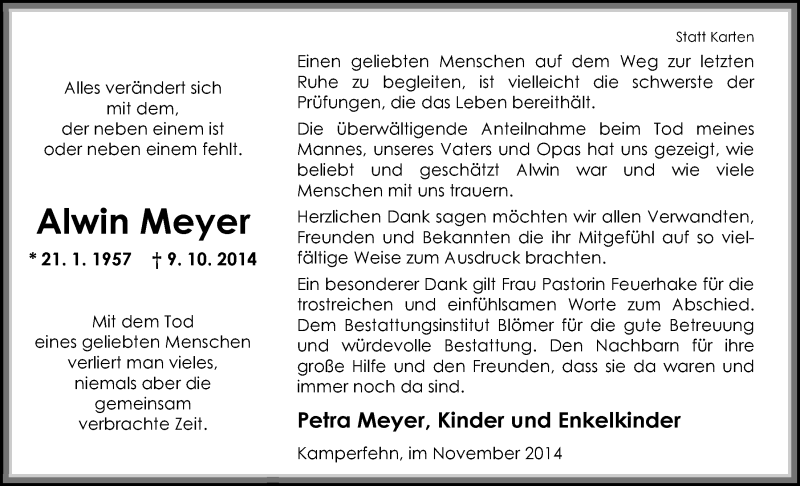  Traueranzeige für Alwin Meyer vom 22.11.2014 aus Nordwest-Zeitung