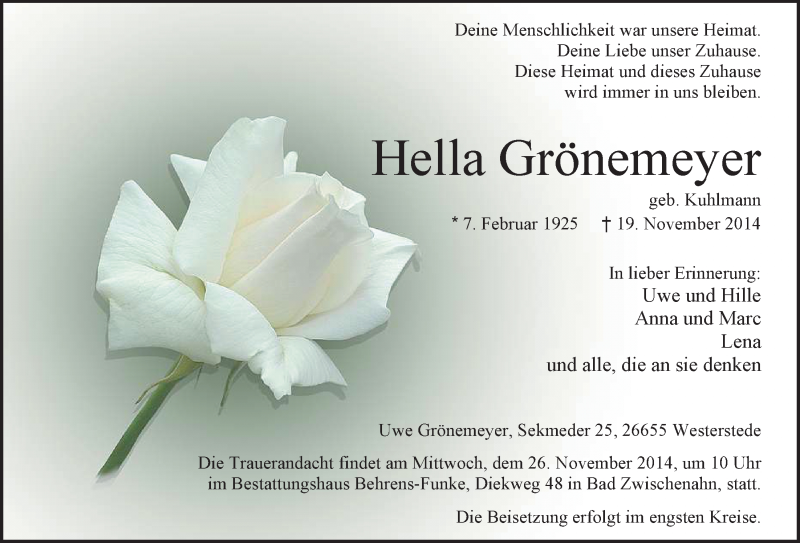  Traueranzeige für Hella Grönemeyer vom 22.11.2014 aus Nordwest-Zeitung