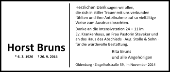 Traueranzeige von Horst Bruns von Nordwest-Zeitung