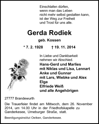 Traueranzeige von Gerda Rodiek von Nordwest-Zeitung