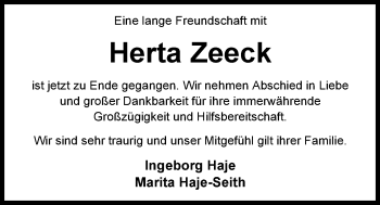 Traueranzeige von Herta Zeeck von Nordwest-Zeitung