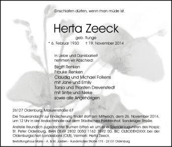 Traueranzeige von Herta Zeeck von Nordwest-Zeitung
