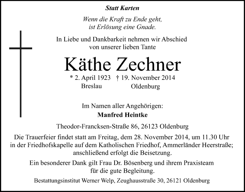  Traueranzeige für Käthe Zechner vom 22.11.2014 aus Nordwest-Zeitung