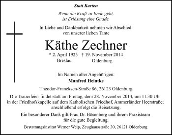 Traueranzeige von Käthe Zechner von Nordwest-Zeitung