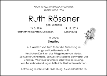 Traueranzeige von Ruth Rösener von Nordwest-Zeitung