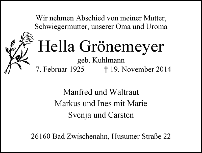  Traueranzeige für Hella Grönemeyer vom 22.11.2014 aus Nordwest-Zeitung