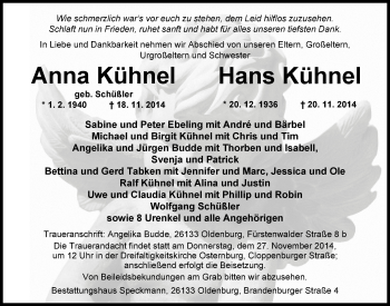 Traueranzeige von Anna und Hans Kühnel von Nordwest-Zeitung