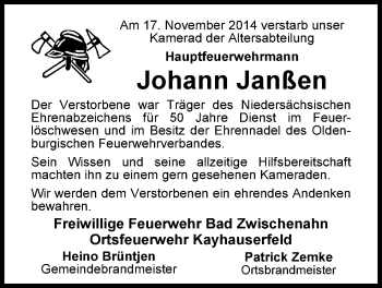 Traueranzeige von Johann Janßen von Nordwest-Zeitung