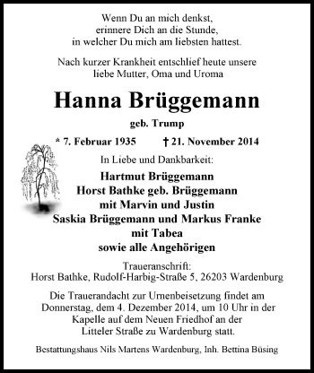 Traueranzeige von Hanna Brüggemann von Nordwest-Zeitung