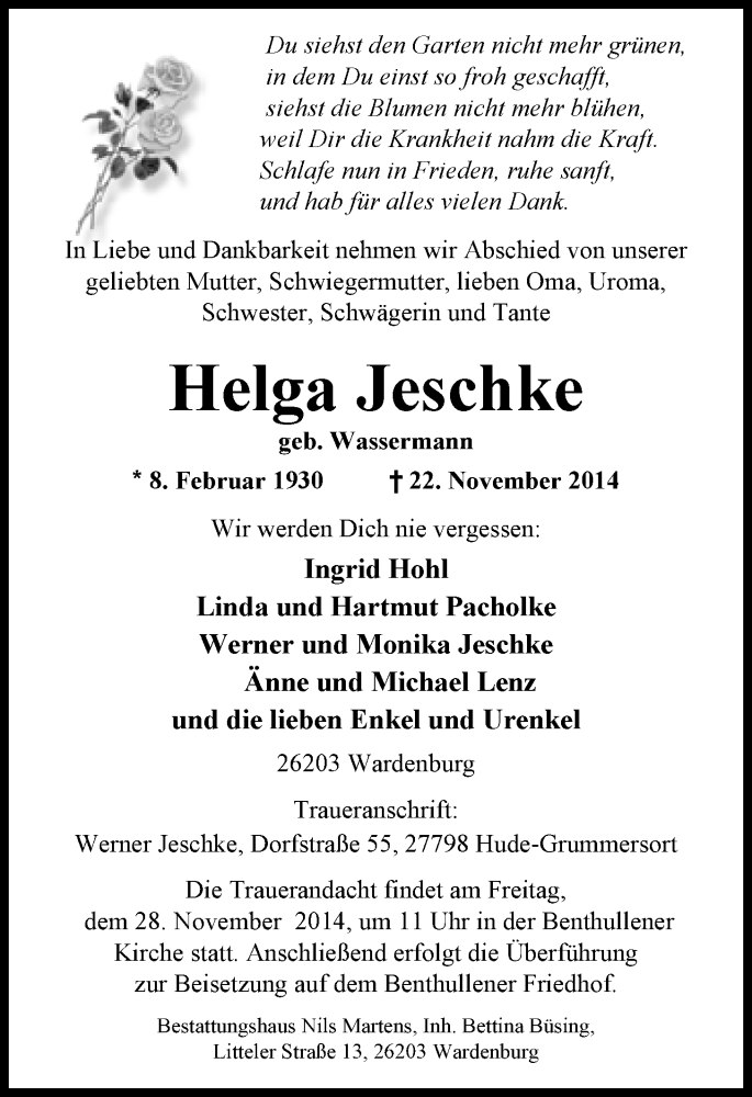  Traueranzeige für Helga Jeschke vom 25.11.2014 aus Nordwest-Zeitung