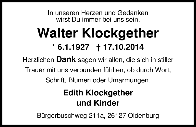  Traueranzeige für Walter Klockgether vom 29.11.2014 aus Nordwest-Zeitung