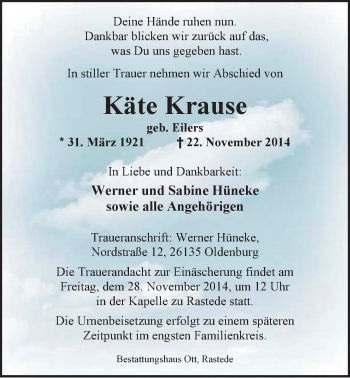 Traueranzeige von Käte Krause von Nordwest-Zeitung