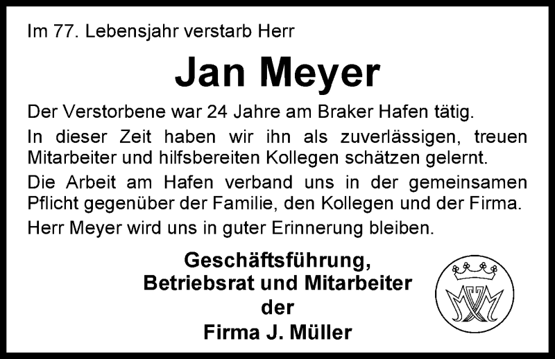  Traueranzeige für Jan Meyer vom 25.11.2014 aus Nordwest-Zeitung