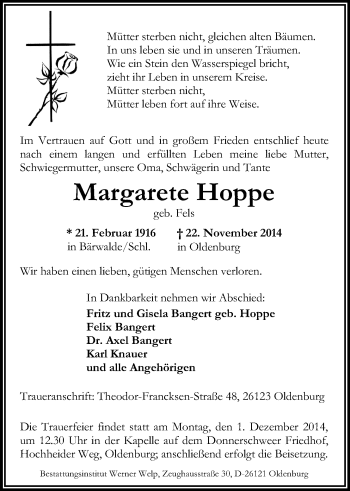 Traueranzeige von Margarete Hoppe von Nordwest-Zeitung