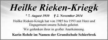 Traueranzeige von Heilke Rieken-Kriegk von Nordwest-Zeitung