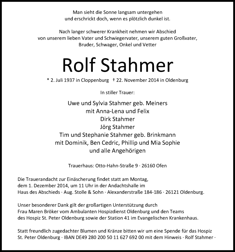  Traueranzeige für Rolf Stahmer vom 26.11.2014 aus Nordwest-Zeitung