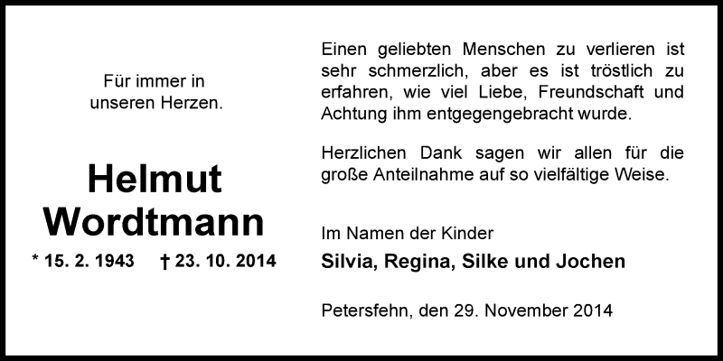  Traueranzeige für Helmut Wordtmann vom 29.11.2014 aus Nordwest-Zeitung