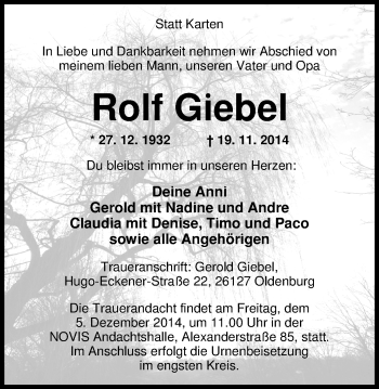 Traueranzeige von Rolf Giebel von Nordwest-Zeitung