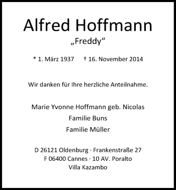 Traueranzeige von Alfred Hoffmann von Nordwest-Zeitung