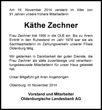 Traueranzeige von Käthe Zechner von Nordwest-Zeitung