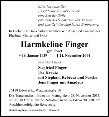 Traueranzeige von Harmkeline Finger von Nordwest-Zeitung