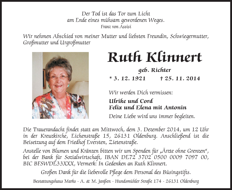  Traueranzeige für Ruth Klinnert vom 27.11.2014 aus Nordwest-Zeitung