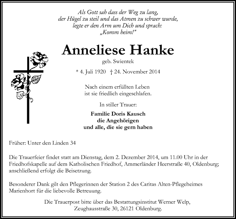  Traueranzeige für Anneliese Hanke vom 27.11.2014 aus Nordwest-Zeitung